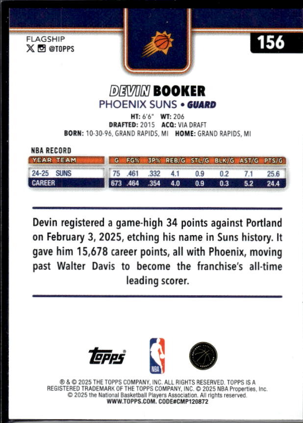 2025-26 Topps #156 Devin Booker - baksida