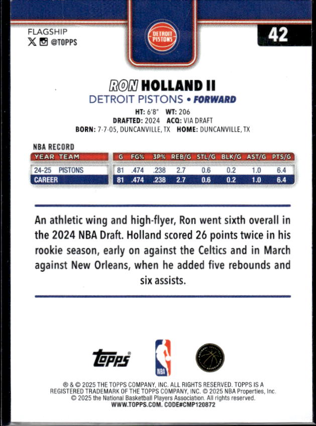 2025-26 Topps #42 Ron Holland II - baksida