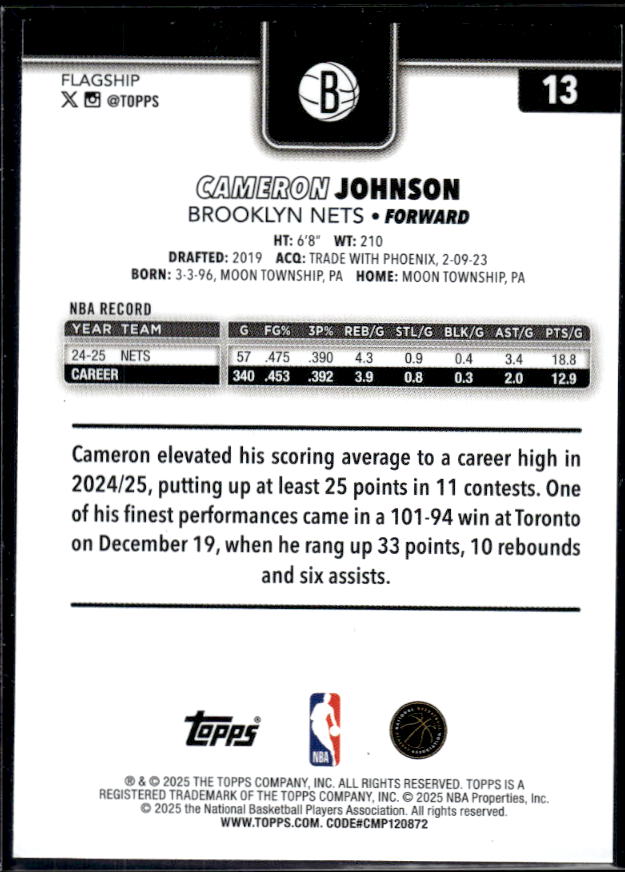2025-26 Topps #13 Cameron Johnson - baksida