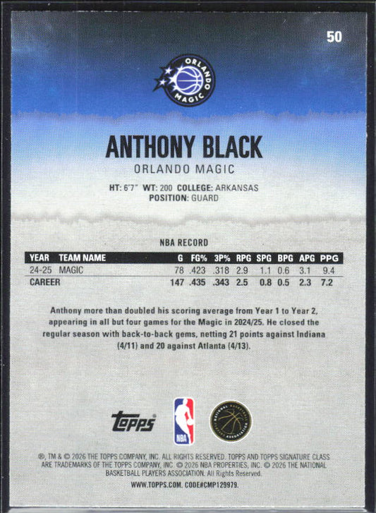 2025-26 Topps Signature Class #50 Anthony Black - baksida