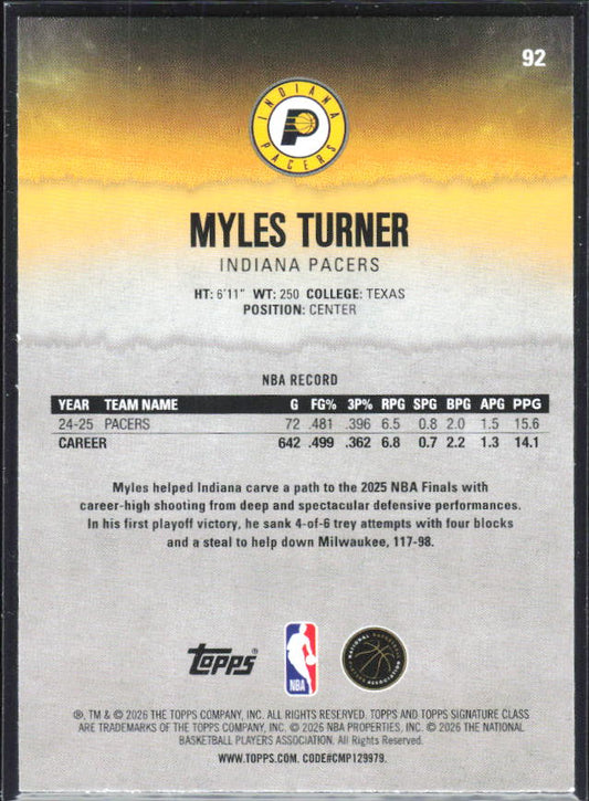 2025-26 Topps Signature Class #92 Myles Turner - baksida