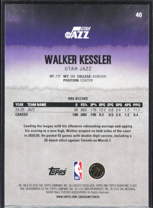 2025-26 Topps Signature Class #40 Walker Kessler - baksida
