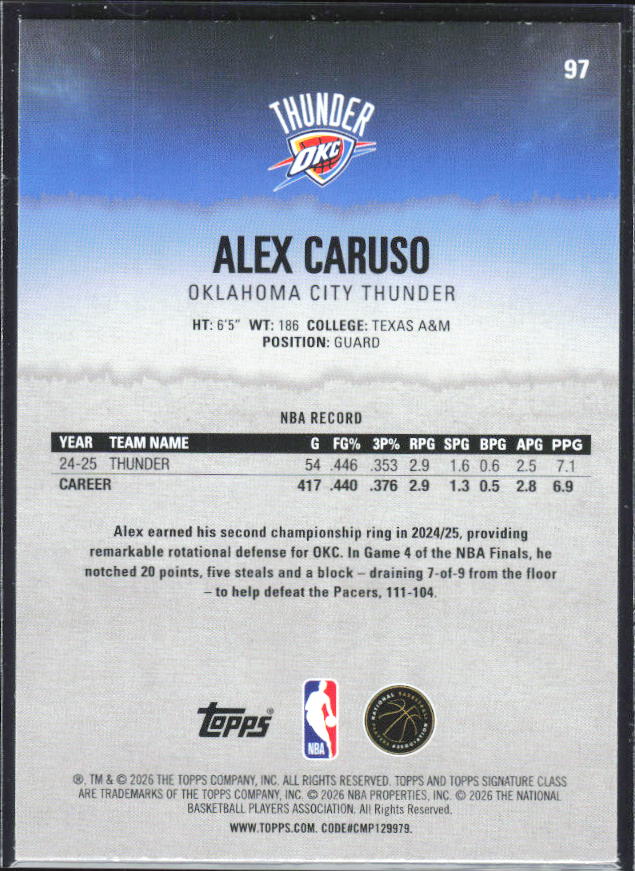 2025-26 Topps Signature Class #97 Alex Caruso - baksida