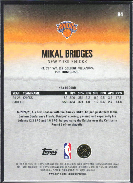 2025-26 Topps Signature Class #84 Mikal Bridges - baksida