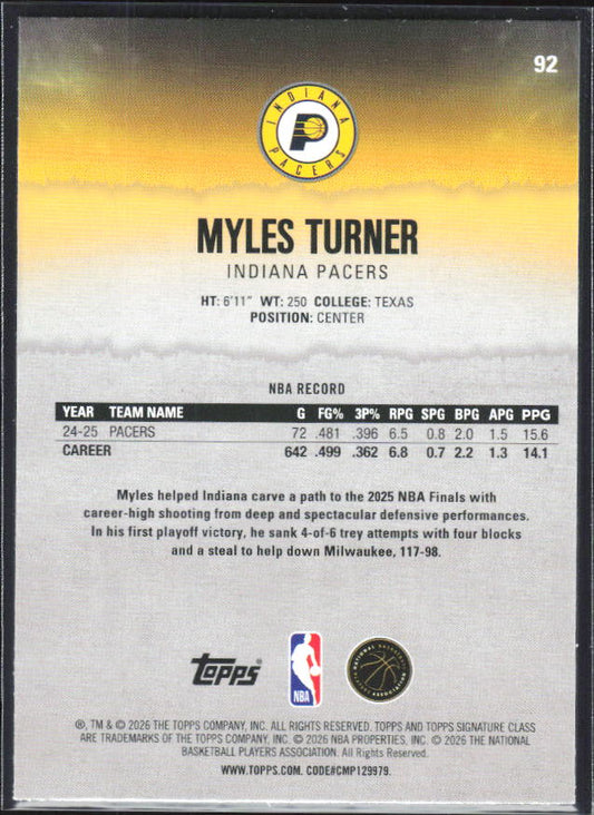 2025-26 Topps Signature Class #92 Myles Turner - baksida