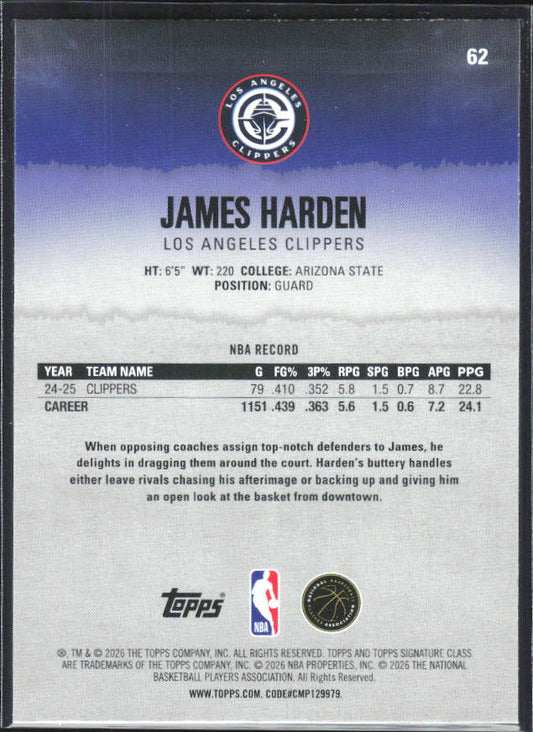 2025-26 Topps Signature Class #62 James Harden - baksida