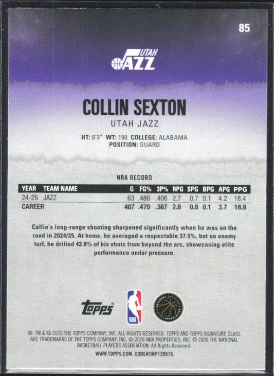 2025-26 Topps Signature Class #85 Collin Sexton - baksida