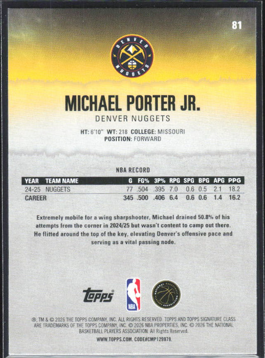 2025-26 Topps Signature Class #81 Michael Porter Jr. - baksida
