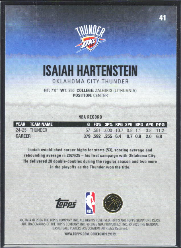 2025-26 Topps Signature Class #41 Isaiah Hartenstein - baksida