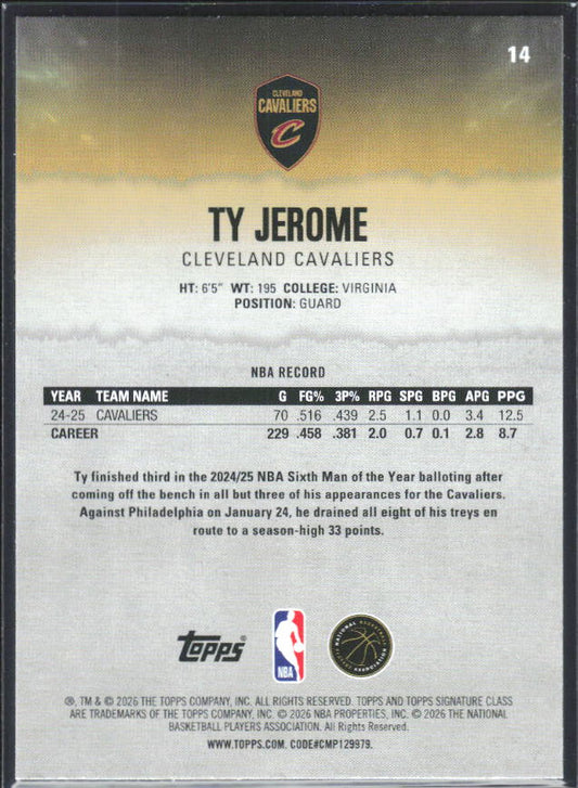 2025-26 Topps Signature Class #14 Ty Jerome - baksida