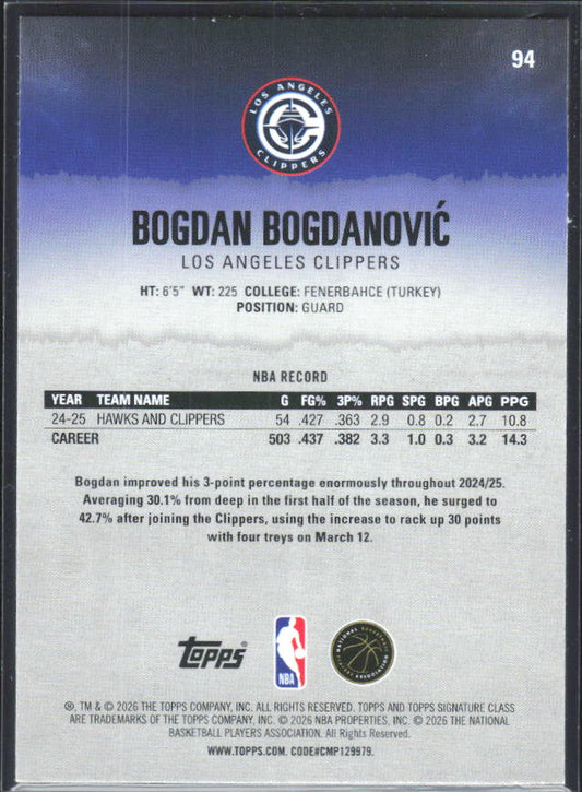 2025-26 Topps Signature Class #94 Bogdan Bogdanović - baksida