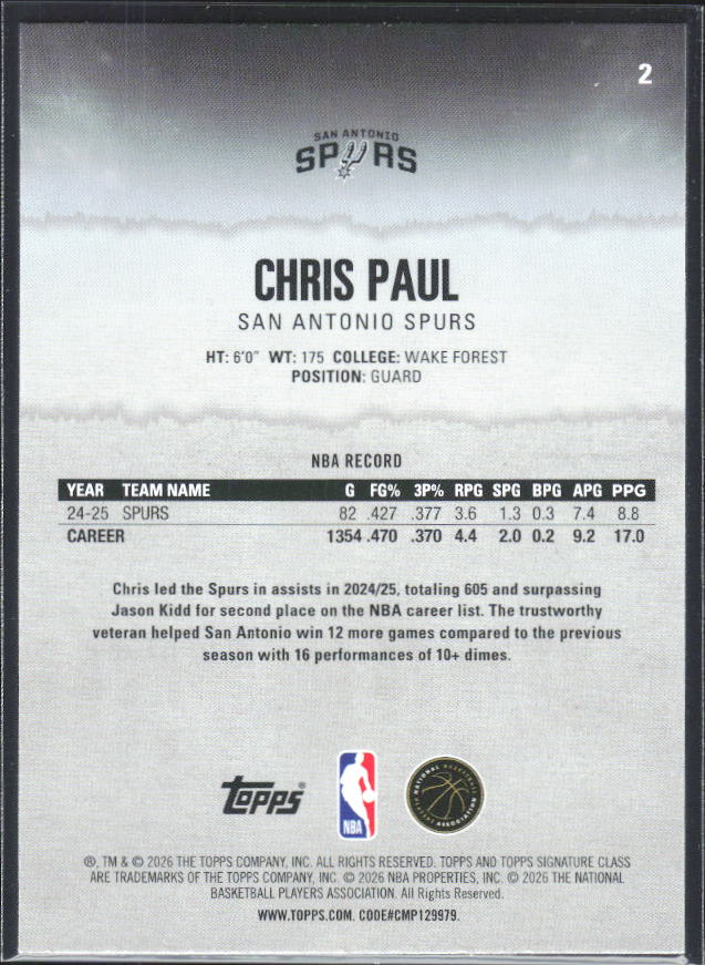 2025-26 Topps Signature Class #2 Chris Paul - baksida