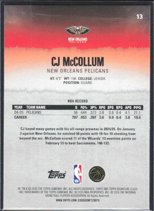 2025-26 Topps Signature Class #13 CJ McCollum - baksida