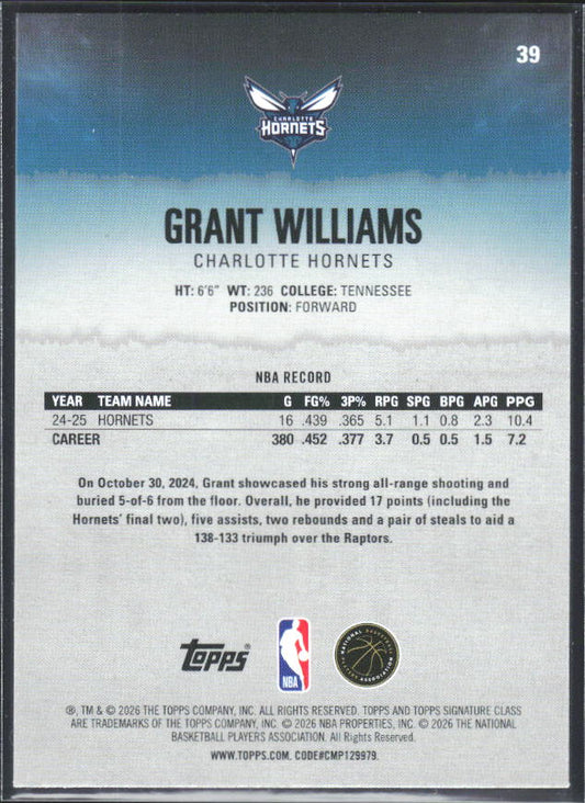 2025-26 Topps Signature Class #39 Grant Williams - baksida