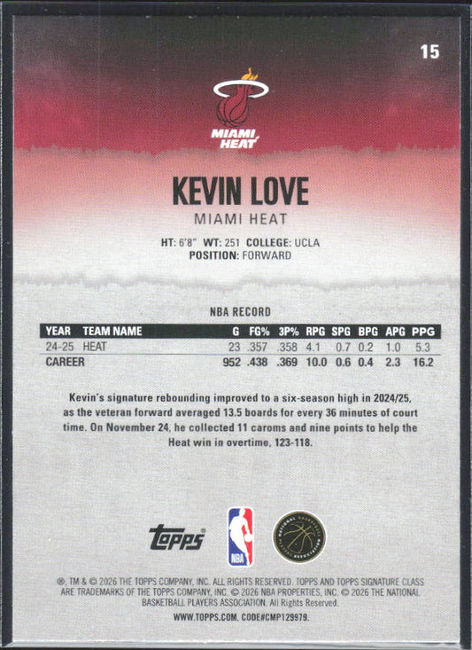 2025-26 Topps Signature Class #15 Kevin Love - baksida