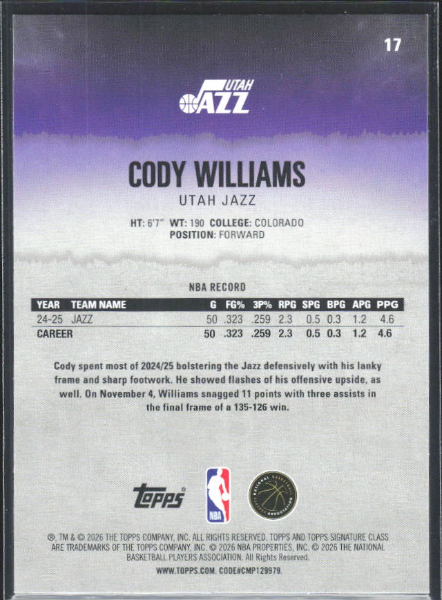 2025-26 Topps Signature Class #17 Cody Williams - baksida