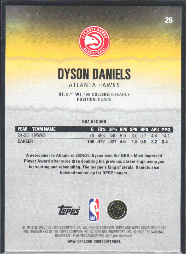 2025-26 Topps Signature Class #26 Dyson Daniels - baksida