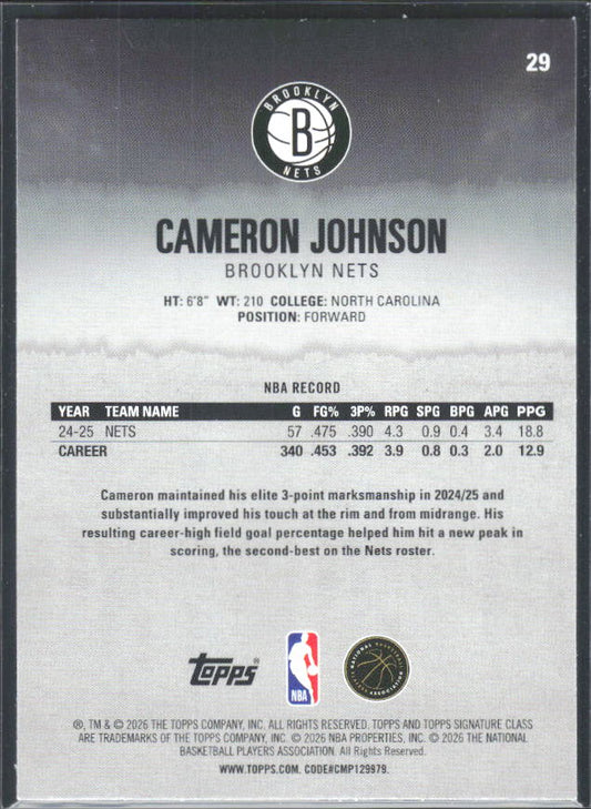 2025-26 Topps Signature Class #29 Cameron Johnson - baksida