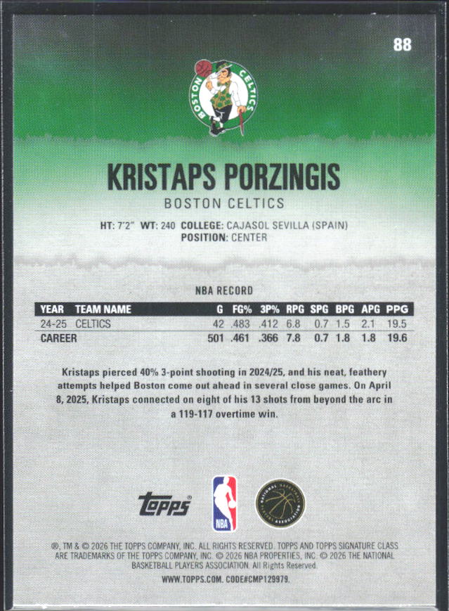 2025-26 Topps Signature Class #88 Kristaps Porzingis - baksida