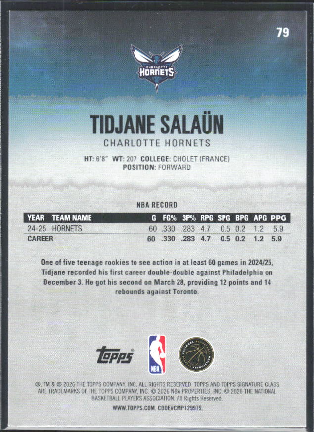 2025-26 Topps Signature Class #79 Tidjane Salaün - baksida