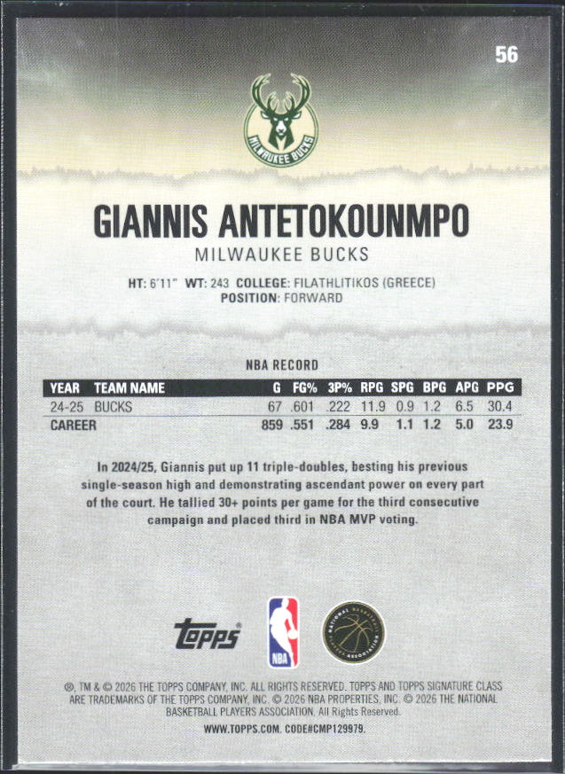 2025-26 Topps Signature Class #56 Giannis Antetokounmpo - baksida