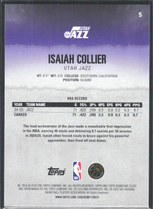 2025-26 Topps Signature Class #5 Isaiah Collier - baksida