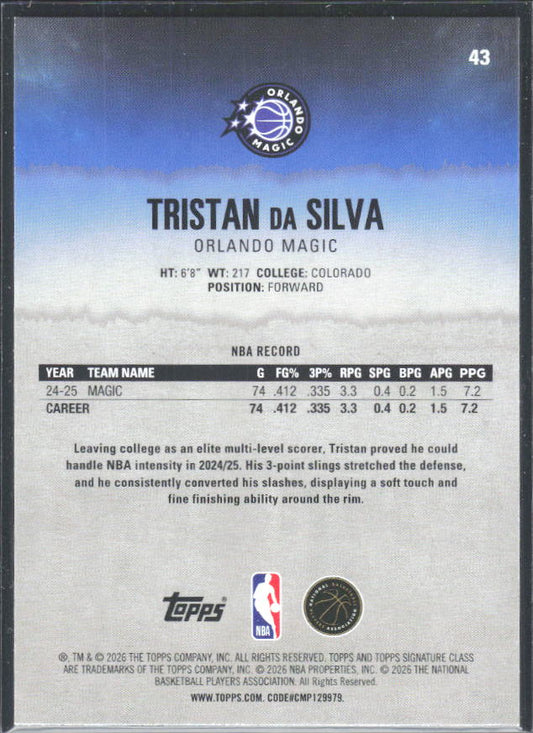 2025-26 Topps Signature Class #43 Tristan da Silva - baksida