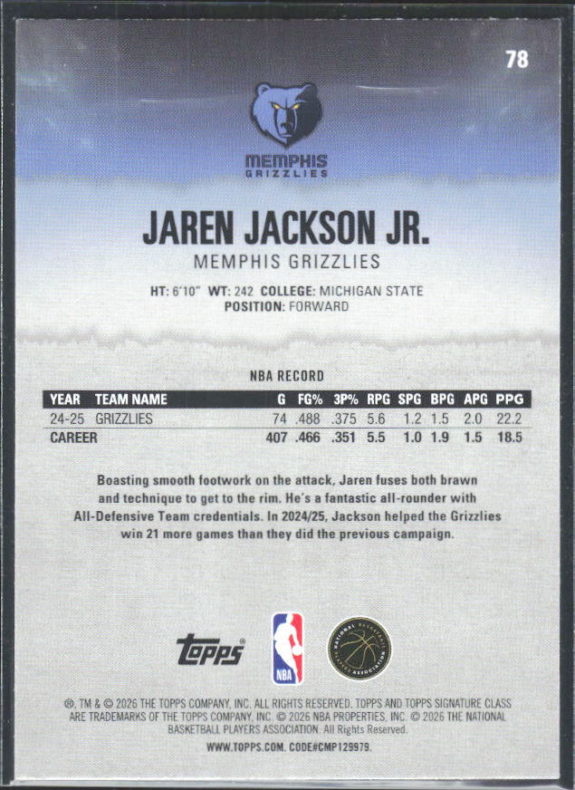 2025-26 Topps Signature Class #78 Jaren Jackson Jr. - baksida