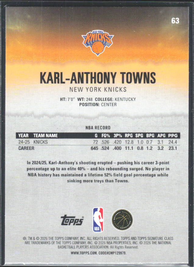 2025-26 Topps Signature Class #63 Karl-Anthony Towns - baksida