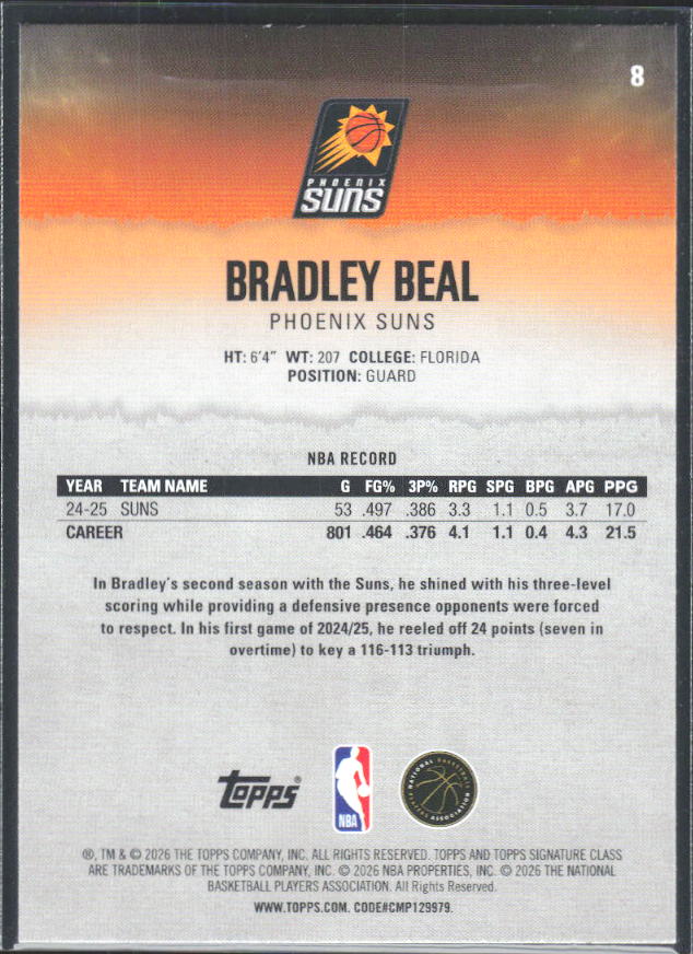 2025-26 Topps Signature Class #8 Bradley Beal - baksida