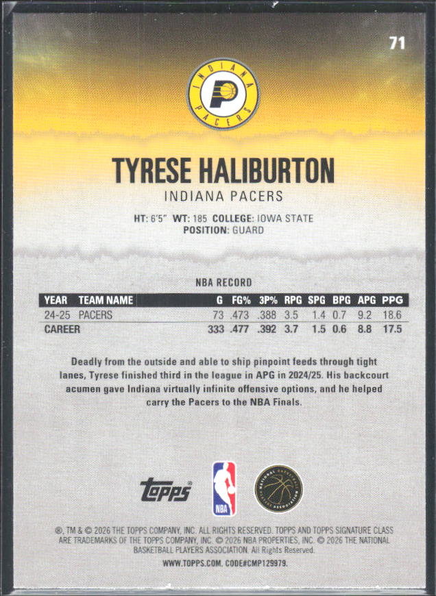 2025-26 Topps Signature Class #71 Tyrese Haliburton - baksida