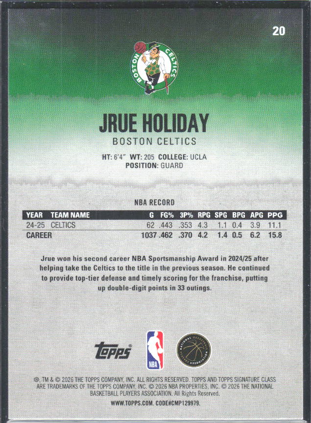 2025-26 Topps Signature Class #20 Jrue Holiday - baksida