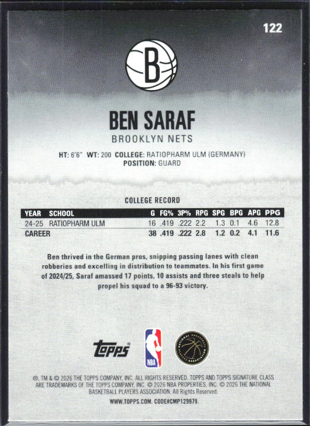 2025-26 Topps Signature Class #122 Ben Saraf - baksida