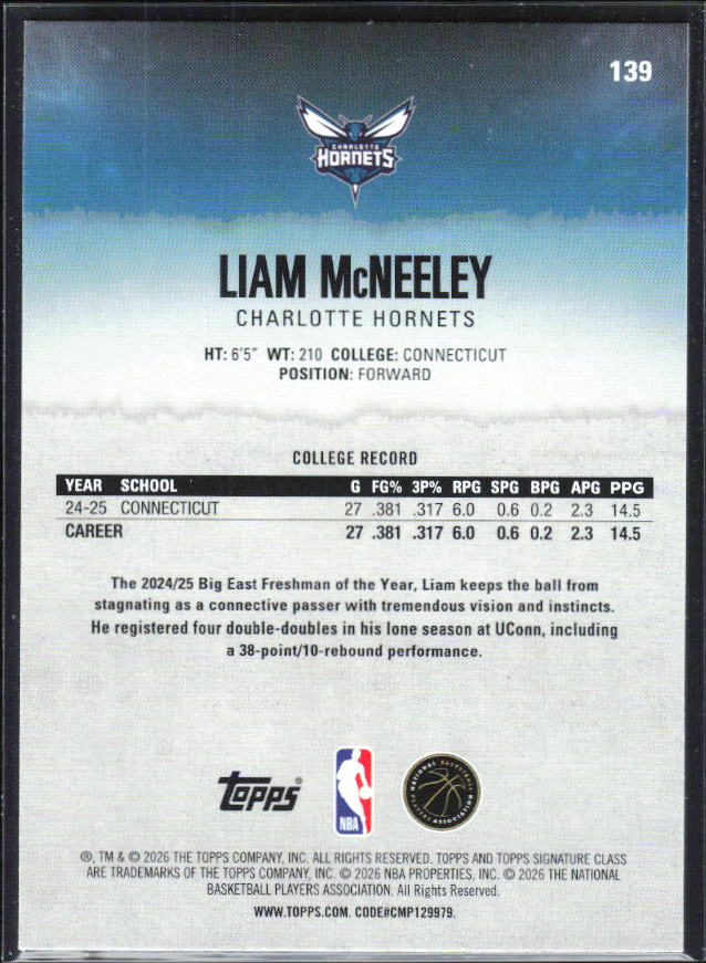 2025-26 Topps Signature Class #139 Liam McNeeley - baksida