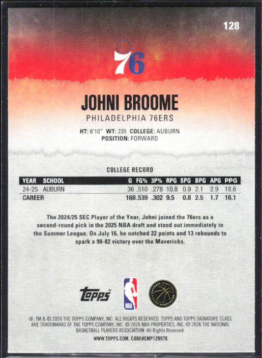 2025-26 Topps Signature Class #128 Johni Broome - baksida