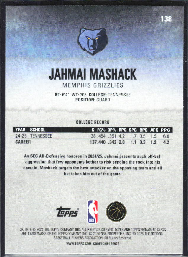 2025-26 Topps Signature Class #138 Jahmai Mashack - baksida