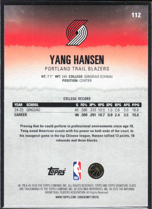 2025-26 Topps Signature Class #112 Yang Hansen - baksida