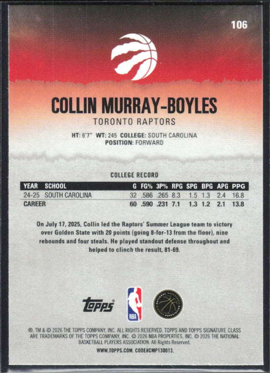 2025-26 Topps Signature Class #106 Collin Murray-Boyles Chrome - baksida