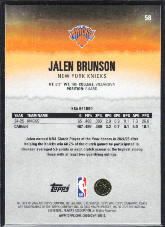 2025-26 Topps Signature Class #58 Jalen Brunson Chrome - baksida