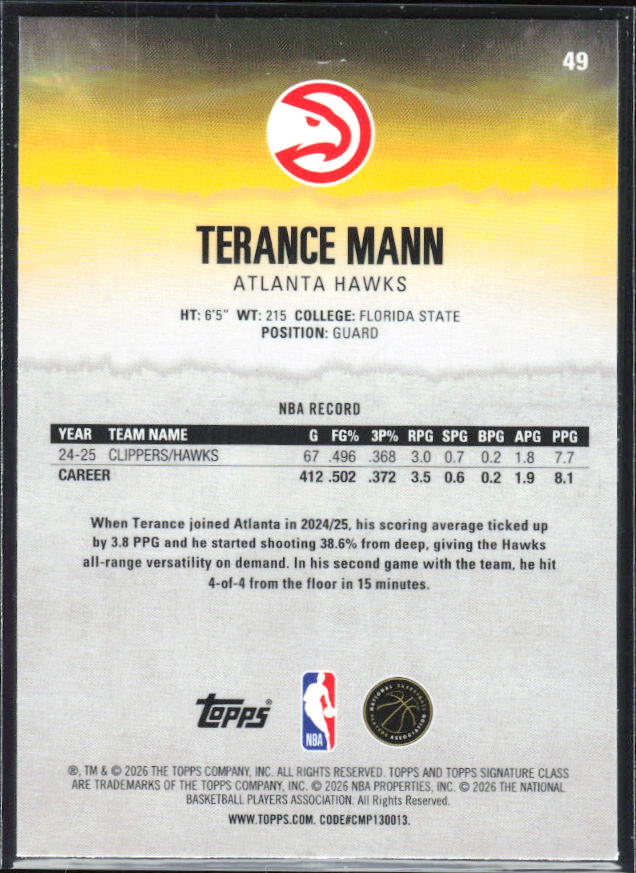 2025-26 Topps Signature Class #49 Terance Mann Chrome - baksida