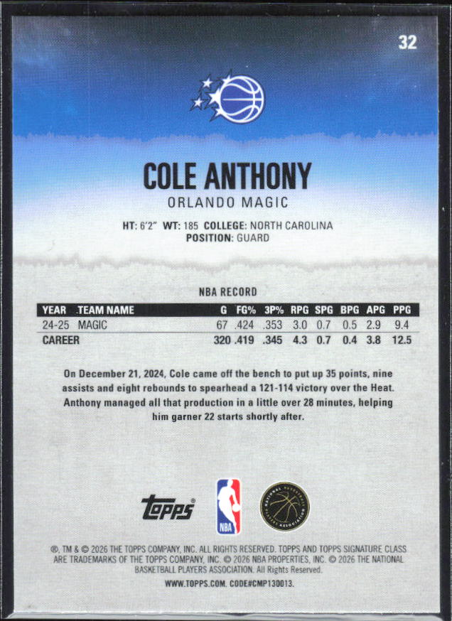 2025-26 Topps Signature Class #32 Cole Anthony Chrome - baksida