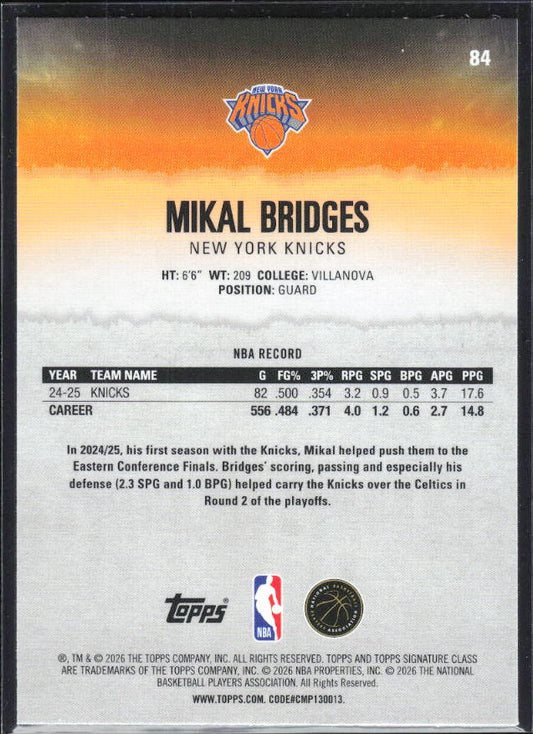 2025-26 Topps Signature Class #84 Mikal Bridges Chrome - baksida
