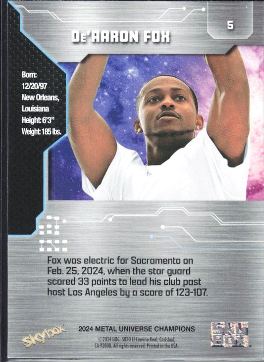 2024 SkyBox Metal Universe Champions #5 De'Aaron Fox - baksida