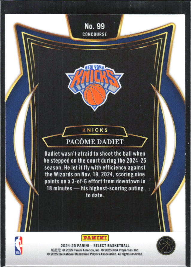 2024-25 Panini Select #99 Pacome Dadiet Blue (Retail) - baksida