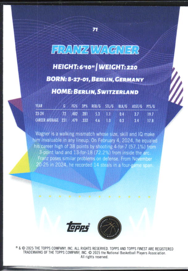 2024-25 Finest #71 Franz Wagner - baksida