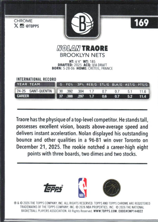 2025-26 Topps Chrome Update #169 Nolan Traore - baksida