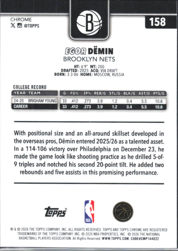 2025-26 Topps Chrome Update #158 Egor Dëmin - baksida