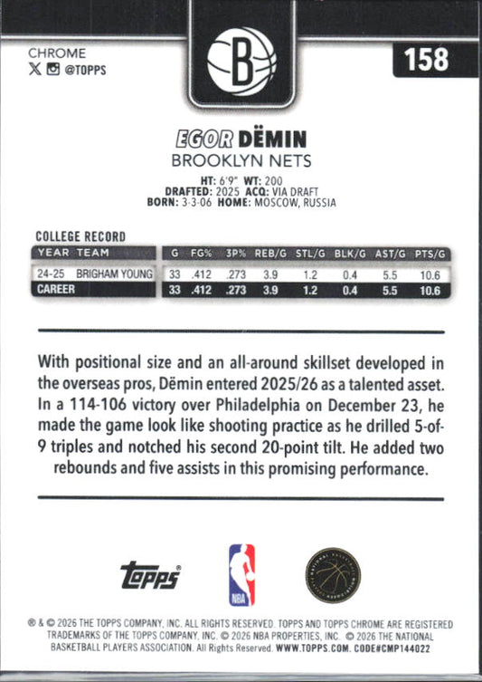 2025-26 Topps Chrome Update #158 Egor Dëmin - baksida
