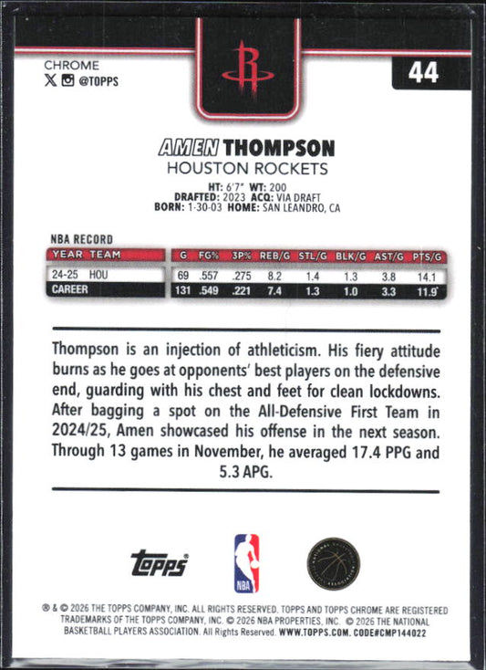2025-26 Topps Chrome Update #44 Amen Thompson Prism Refractor - baksida