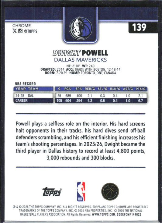 2025-26 Topps Chrome Update #139 Dwight Powell Prism Refractor - baksida